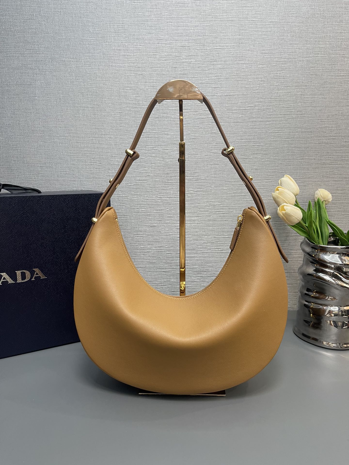 Prada Large Classic Hobo Arque Leather Shoulder Bag Caramel 1BC212